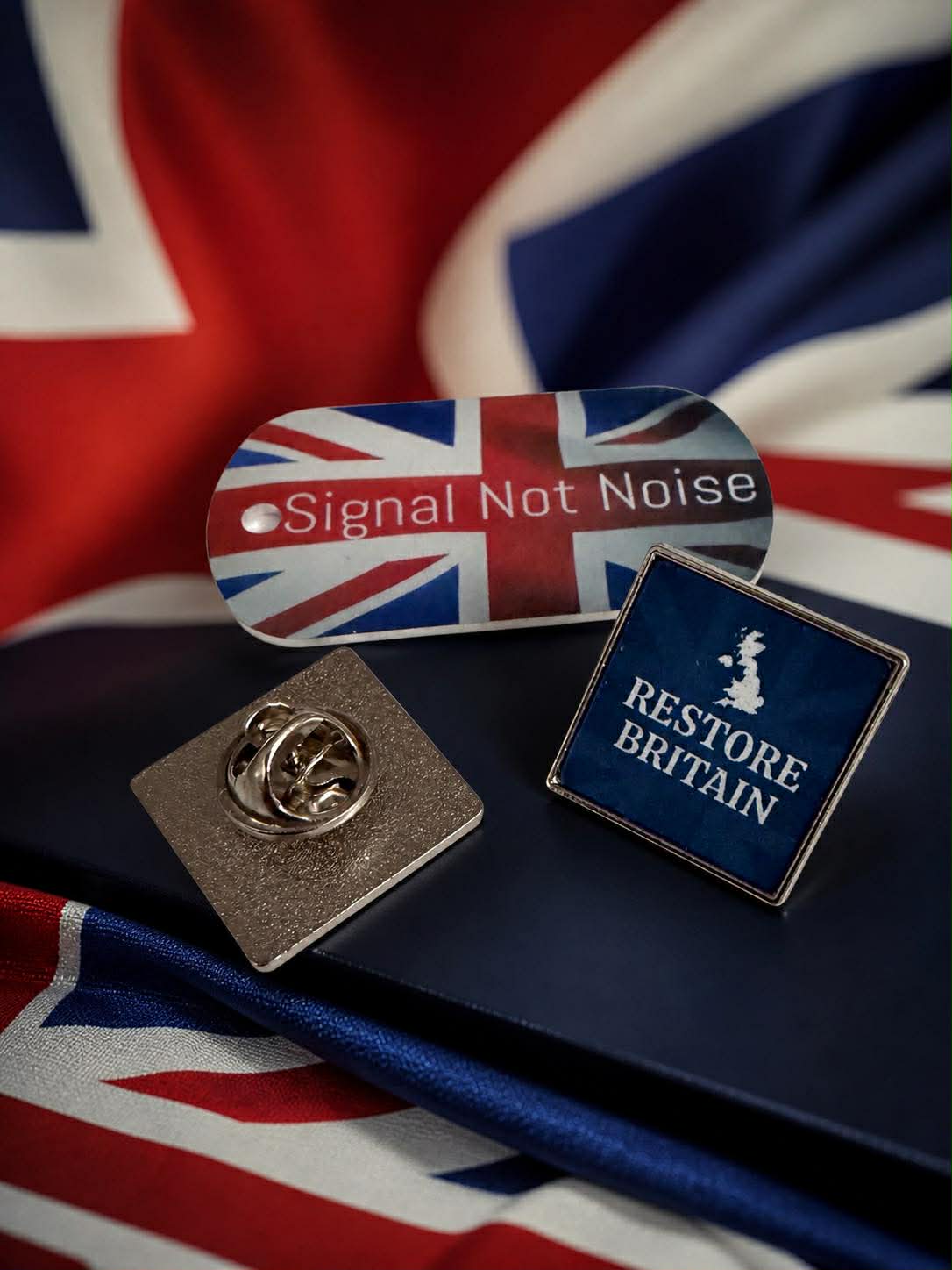 Restore Britain Pin Badge & Custom Union flag tag