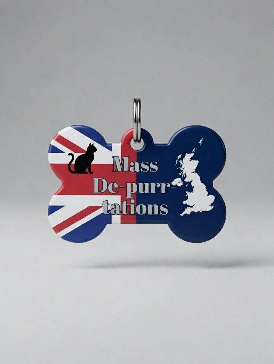 'Mass De-Purr-Tations' pet tag with cat. CUSTOMISABLE